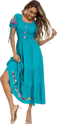 Image of Women's Summer Maxi Dress Casual Floral Embroidered Round Neck Short Sleeve Ruffle Tiered Dress Flowy Boho Beach Sundress