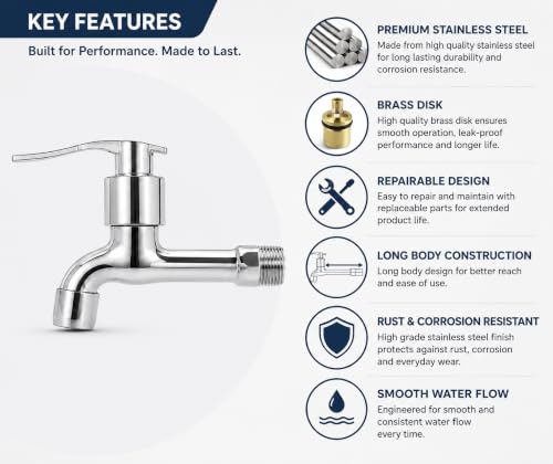Image of Furiq Bath Spoon Stainless Steel Long Heavy Body Tap for Bathroom & Kitchen Taps with Brass Disk Chrome Finish and Quarter Turn Fitting Wall Flange and Teflon Tape - Pack of 2