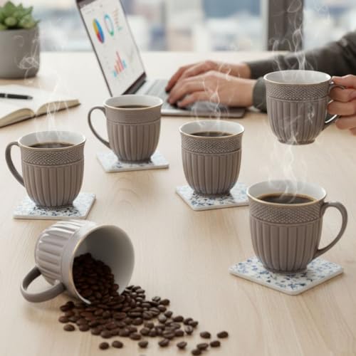 Image of Clay Craft Fine Ceramic Tea Cups Set of 6| 200 Ml Elegant Textured Cups with Comfortable Handle | Ideal for Tea| Coffee| Home Use & Gifting
