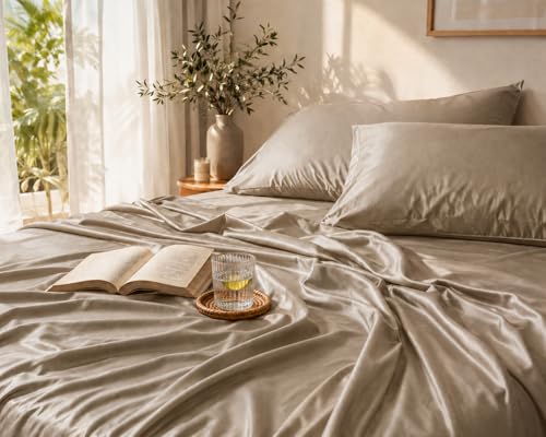 Image of Noare Cooling Bamboo Bedsheet King Size for Double Bed - Breathable & Ultra Soft Summer Bedding Set with 1 Fitted Bedsheet and 2 Pillow Covers - Luxury Cooling for Hot Sleepers | Aesthetic Beige.