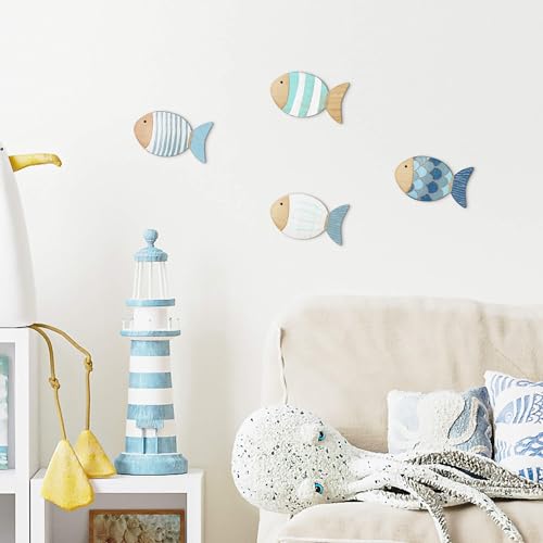 Putuo Decor 4 Pcs Wood Fish Wall Art, Nautical Beach Decor, Wooden Fish Hanging Sculptures, Blue (5.5 In) - Image 4
