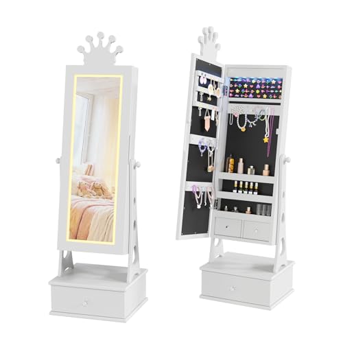 Crevyteg Armoire à bijoux pour enfant – Miroir pleine longueur avec éclatères LED – 3 tiroirs sécurisés – Coffre de rangement pour bijoux et...