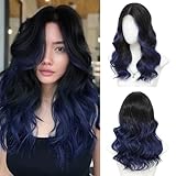Niceone Hair Black to Blue Medium Length Wigs for Women 18 Inch Middle Part Synthetic Hair Wavy Wig - Natural Hairline Wig for Daily Party/Halloween Use(Black to Blue,18 Inch)