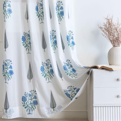 Image of Clasiko Block Print Sheer Door Curtains; 40% Light Filtering Linen Textured Curtains with Eyelets & Tieback; Set of 2; 54x60 Inches / 5 Feet; Vintage Bloom