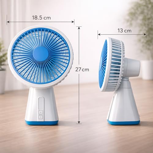 Image of REXERA ๐ inch ๐๐ง๐๐ก Rechargeable Desktop Mini ๐๐ฌ๐๐ข๐ฅ๐ฅ๐๐ญ๐ข๐ง๐ ๐
๐๐ง with ๐๐๐ Lighting | High Speed Rechargeable Table Fan for Home | ๐ ๐๐ฉ๐๐๐ Modes Portable fan for Kitchen Home (Blue)