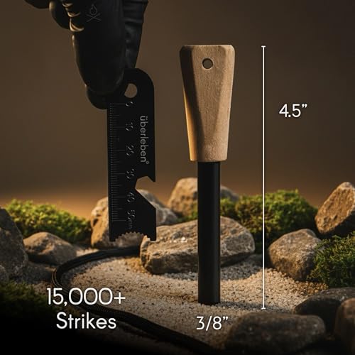 Überleben | Zünden Original Ferro Rod Fire Starter Survival Tool – Up to 15,000 Strikes, 3/8" Fire Steel with Wood Handle, Multi-Tool Striker & Lanyard – Waterproof Camping Essentials - Image 2