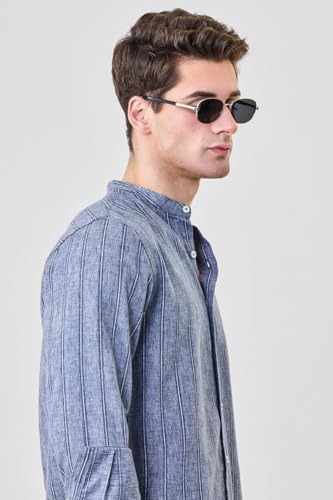 Image of SNITCH Men Casual Shirt | Regular Fit Full Sleeve Mandarin Collar Striped Design | Polyester Cotton Linen Blend & Breathable Fabric for Smart Casual