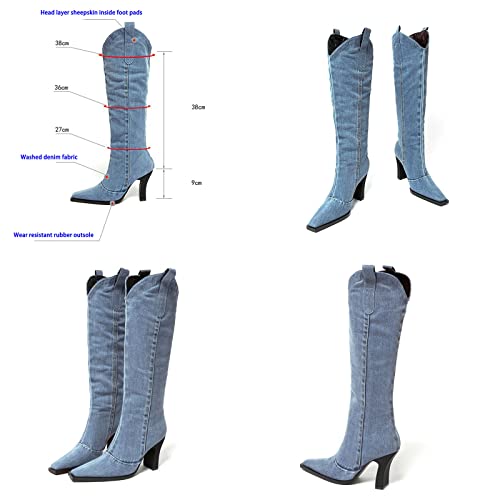 MOYOWEI Women's Knee High Denim Cowboy Boots,2022 Fall Fashion Pointed Toe High Chunky Heel Western Boots w/Pull On Tabs2