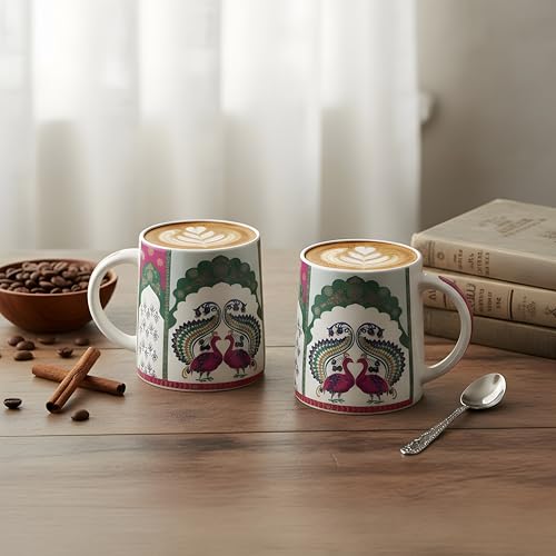 Image of miah decor Neelmayur Royale Collection Handcrafted Ceramic Coffee Cups Set of 2 | Mughal Peacock Design Tea & Coffee Mugs | Green & Maroon on Cream Base | Microwave & Dishwasher Safe