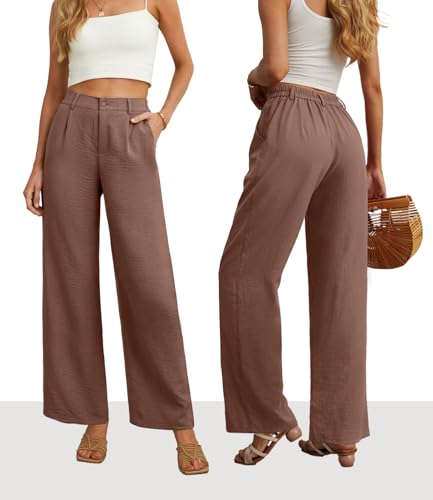 Image of Feiersi Womens Casual Wide Leg Pants High Waisted Button Down Straight Long Trousers Palazzo Pants