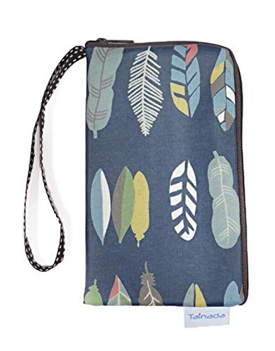 Image of Taianda Women Phone Wristlet Wallet Pouch (Feather Pattern Navy Blue)