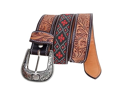 Western Tooled Leather Beaded Belt For Men and Women 30AB0123