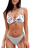CUPSHE Damen Bikini Set mit Schnürung Wendebikini Blumen und Streifen Low Rise Beidseitige Bademode Zweiteiliger Badeanzug Rote Blumen S