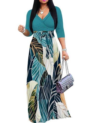 Image of Plus Size Maxi Dress for Women V Neck 3 /4 Sleeve Wrap Dress