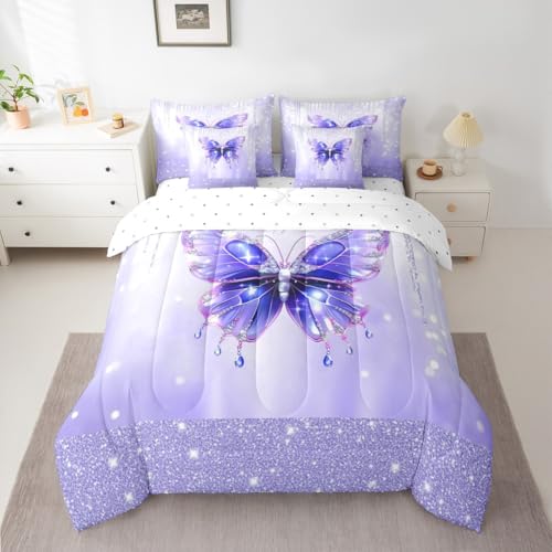 Image of Feelyou Butterfly Comforter Set Twin Size 7 Pieces Dreamy Princess Bedding Set for Kids Boys Girls Glitter Bed in a Bag with Comforter, Sheets, Pillowcases, Cushion Covers Watercolor Butterflies