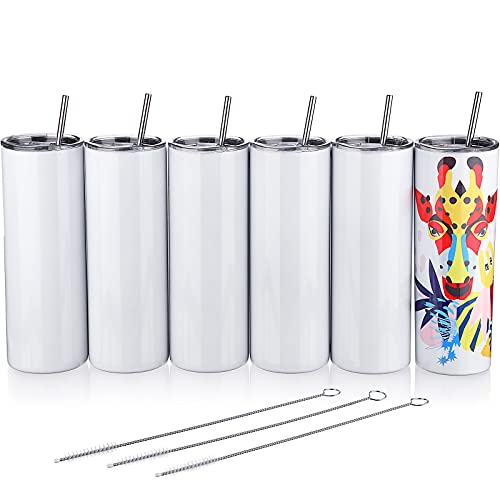 Schmaler Edelstahl-Becher mit Deckel und Strohhalm, langlebig, vakuumisoliert, doppelwandig, für Wasser, Weinglas, Reisebecher, Weiß, 6 Stück Cover