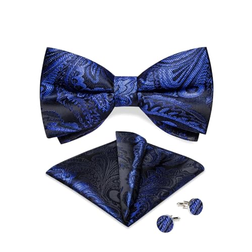 FENOKD Paisley Pre-Tied for Wedding Adjustable Bow Tie Pocket Square Cufflinks (Blue As Shown)