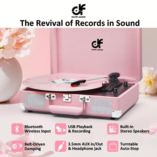Vintage Pink Suitcase Record Player - 3-Speed Turntable with Bluetooth, USB Recording, MP3 Converter, Speakers, Stylus - Thumbnail 2