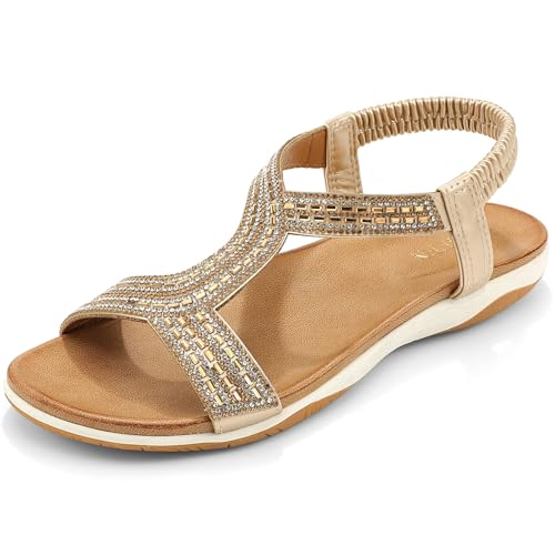 Image of UBFEN Flat Sandals For Women Dressy Arch Support Comfortable Casual Sandal With 2026 Rhinestone Braid Elastic Strap Summer Vacation