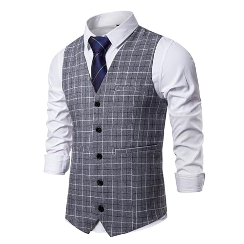 Maiyifu-GJ Men's Formal Suit Vest Casual Business Plaid Dress Vests V-Neck Slim Fit Waistcoat for Wedding with Pocket