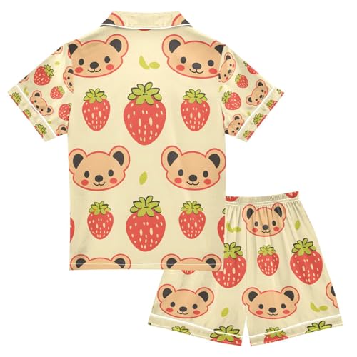 senya Face Bear with Strawberry Satin Summer Pajama Sets Silk Short Sleeve Button Down Sleepwear2