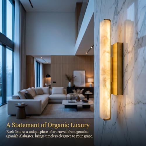 Image of 15in Alabaster Wall Sconces Brass Alabaster Sconce Spanish Marble Bathroom Vanity Sconces Modern Wall Light for Living Room Bedroom Staircases Indoor Gold