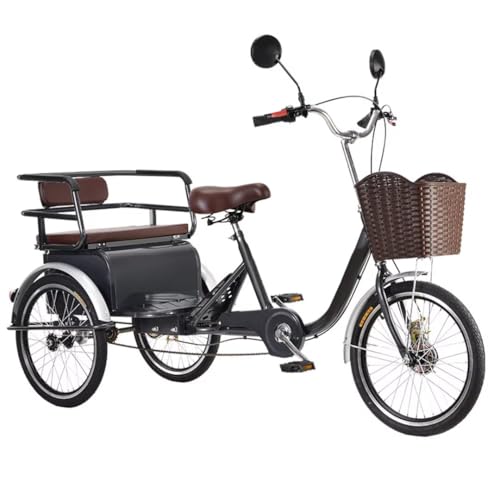 Wmmner Bicicleta de 3 Ruedas para Adultos Y Ancianos, Triciclo de Doble Persona con Asiento Trasero, Rictriciclo Kshaw, Bicicleta de Propulsión Humana con Espejos Retrovisores Duales, Frenos de Tambor