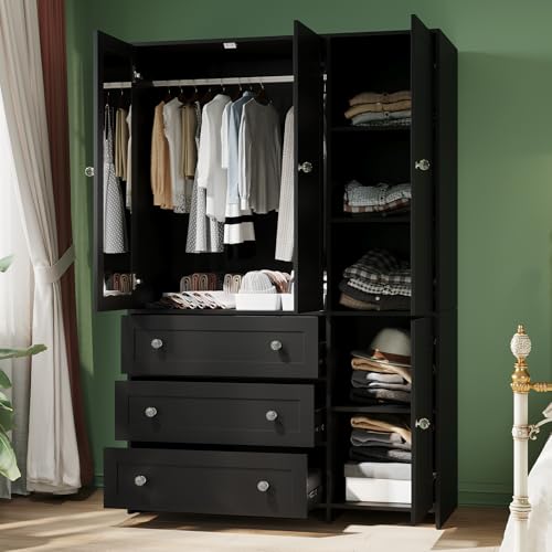 VOWNER Armoire Wardrobe Closet with Drawers and Mirror, 71\" Clothing Storage Cabinet with Hanging Rod, 4 Doors Wooden Wardrobe Cabinet for Bedroom, Large Capacity Storage