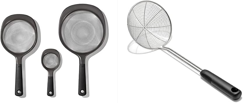 OXO Good Grips 3-Piece Strainer Set (Black) and OXO Good Grips Stainless Steel Spider Scoop & Strain Skimmer (Black)