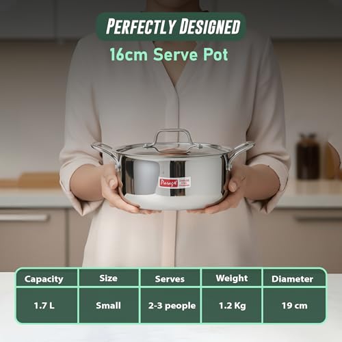 Image of Parage Tripure Triply Stainless Steel Biryani Pot Handi Casserole 1700 ML with Stainless Steel Lid for Induction & Gas