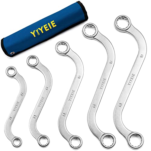 Image of YIYEIE Offset S-Style Box End Wrench Set, 5-Piece, Chrome Vanadium Steel, 10x11mm, 12x13mm, 14x15mm, 16x17mm, 18x19mm