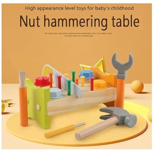 Image of Wooden Tool Kit for Kids | Pretend Play Construction Toy Set | STEM Educational Mechanic Toy for Boys & Girls Ages 3-8 | Montessori Toy (Nut Table)