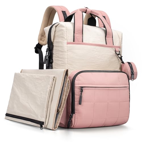 Image of VONAL Diaper Bag Backpack, Lightweight Baby Diaper Bags, Travel Large Diaper Bag with Changing Station, Pink Diaper Backpack for Boys Girls Newborn with Insulated Pockets, Stroller Straps