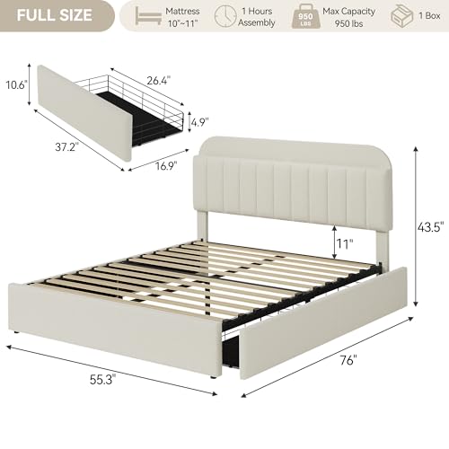 GarveeHome Full Bed Frame with Storage Headboard, Kids Bed Frame with 2 Drawers, Boucle Upholstered Platform Bed with Bookcase, No Box Spring Needed, Easy Assembly, Ivory White