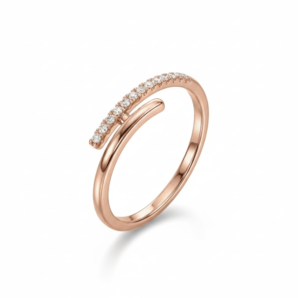 Rose Gold Diamond Ring, Open Wrap Design, Adjustable Bypass Style, Pavé Setting