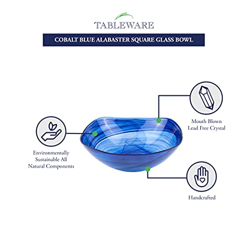 Badash Alabaster Square Glass Centerpiece Bowl - 10" Handcrafted European Mouth-Blown Cobalt Blue Glass Pedestal Fruit Or Accent Bowl #TOP1