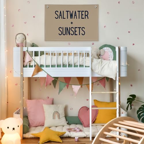 Image of Beach Room Decor Banner, Boho Coastal Saltwater Sunsets Wall Art Linen Canvas Banner Flag for Aesthetic Room Decor, Playroom Nursery Surf Decor,Housewarming Gift, Beach Gifts boyroom