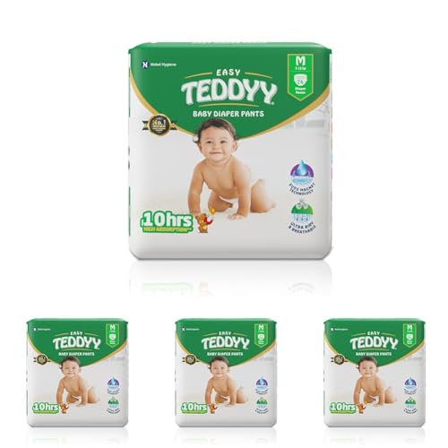 Image of TEDDYY Easy Baby M Size Diaper Pant Style | 74 Count (Medium) | 7-12 kg (Pack of 4) | Long Protection Hours | Anti-Bacterial | Airy Breathable Fit | Rapid Soaker Channels with Wetness Indicator