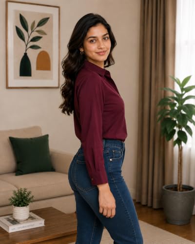 Image of FUNDAY FASHION Women Solid Regular Fit V Collered Casual Shirt