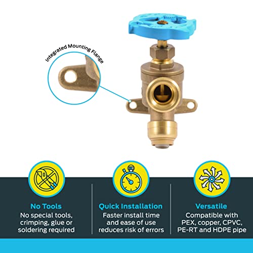 Image of SharkBite 1 /2 Inch x 3 /4 Inch MHT Garden Valve, Multi Turn, Push to Connect Brass Plumbing Fitting, PEX Pipe, Copper, CPVC, PE-RT, HDPE, 24622LF