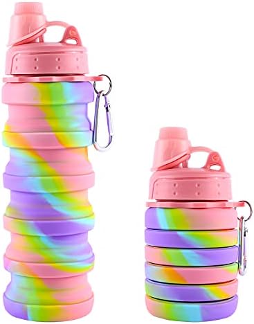 MAKERSLAND Rainbow Collapsible Water Bottles for Kids, Students, Adults, Reusable BPA Free Silicone Foldable Sports Water Bottles for Travel Camping Hiking, Folding Travel Water Bottles, Pink