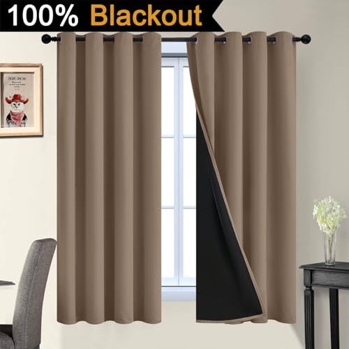 Image of Yakamok Khaki Blackout Curtains 63 Inches Long for Bedroom 52 inch Wide 2 Panel | Blackout Curtain Panels for Bedroom, 2 Thick Layers Grommet Top Thermal Insulated Drapes with Black Liner for Living Room