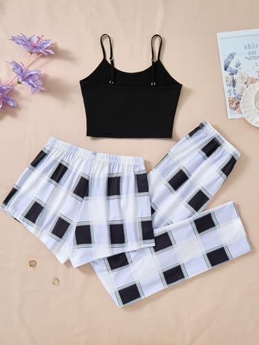 Milumia Women's 3 Pieces Plaid Pajama Set Cami Shorts Pants Pj Sets Sleeveless Soft Lounge Sleepwear Sets2