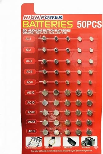 50 Pack Assorted Mixed Alkaline Button Cell Batteries AG1/LR621 | AG3/LR41 | AG4/LR66 | AG10/LR54 | AG12/LR43 | AG13/LR44 Battery for Watches Toys Calculators Key Fobs