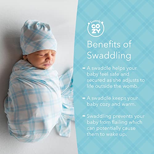 Image of Luxury Rayon from Bamboo Hat & Baby Swaddle for Newborns 0-3 Months, Baby Blue Plaid Newborn Swaddle Blanket for Baby Boys & Girls, Hypoallergenic, Breathable & Buttery Soft