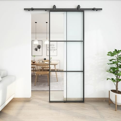 JUBEST 32in x 84in Glass Sliding Barn Door, 3-Panel Black Aluminum Frame and Clear Tempered Glass Modern French Door, Easy to Install (No Sliding Hardware Kit)