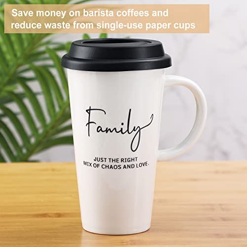 Buyajuju Travel Mug With Handle And Silicone Lid In Gift Box, Porcelain, Cup Holder Friendly, 16Oz Tall Coffee Travel Mug Tumbler For Tea, Latte And Hot Chocolate On The Go, Labelled “ Family” #TOP6