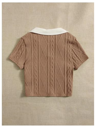 Milumia Girl's Contrast Collared V Neck Short Sleeve Knitted Tee T Shirts2