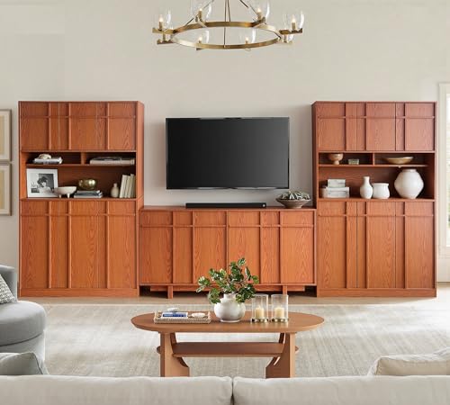 Image of 72 inch Pantry Cabinet, Tall Kitchen Pantry Storage Cabinet with Countertop, Adjustable Shelves, Mid Century Modern Wooden Kitchen Hutch with Skeleton Lines for Living Room, Dining Room, Cherry