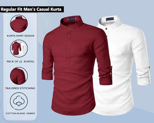 Image of Zombom Men's Combo Cotton Polyester Blend Solid Full Sleeve Straight Regular Fit Mandarin /Chinese Collor Kurta (Pack of 2)